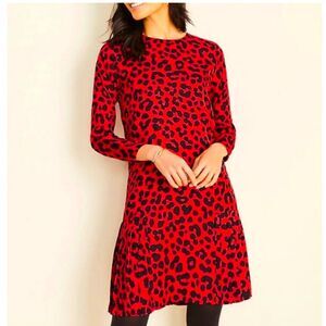 Ann Taylor Leopard Print Shift Dress Red black pleated hem size 6